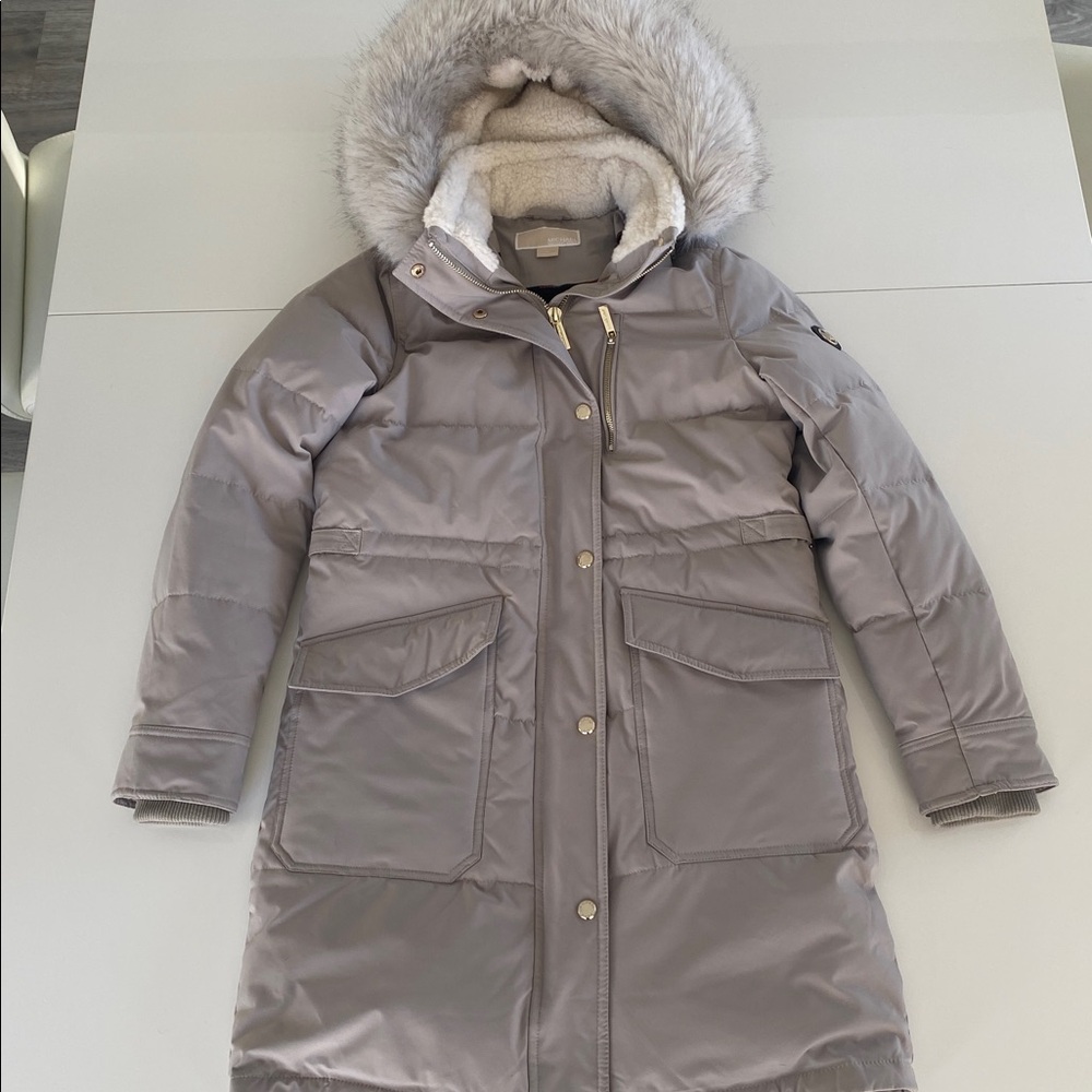 Michael Kors Beige Winter Long Parka with Faux Fur Hood